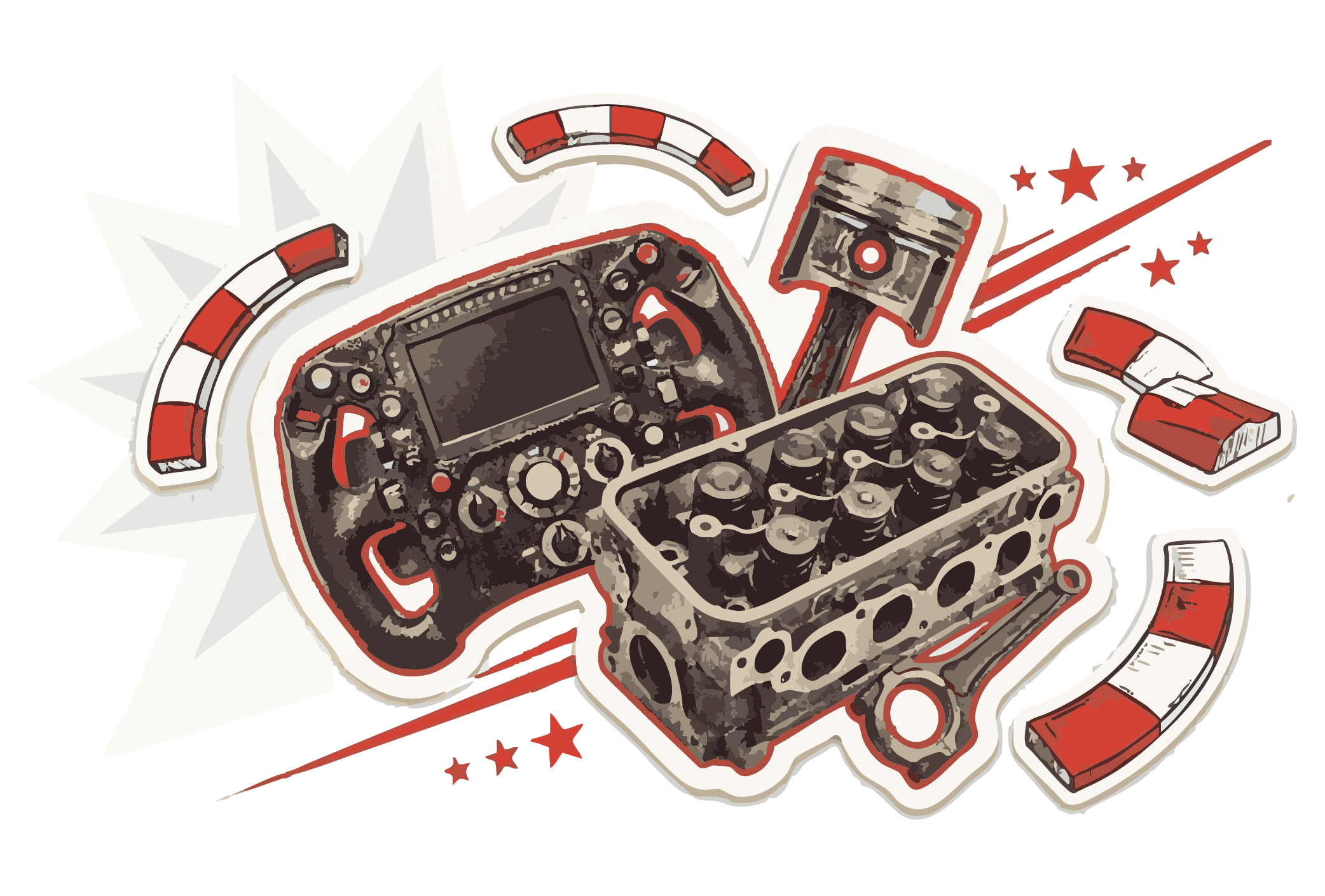 alt="Sticker-style illustration of a racing steering wheel with digital display, an engine piston, and a cylinder head, surrounded by racing kerbs and stars"